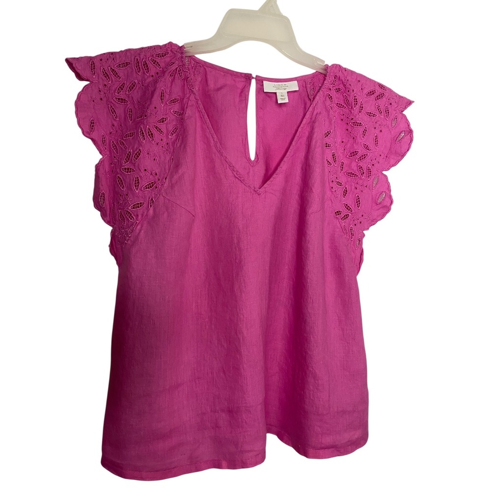 Charter Club Luxury Linen Top Hot Pink Eyelet Lace Flutter Sleeve V-Neck Large